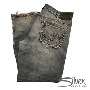 Silver Jeans Gordie Loose Fit Straight Leg Mens 38x30 Blue Relaxed - DISTRESSED